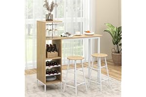 TANGZON 3 Pieces Bar Table Set, Steel Frame Dining Table and 2 Stools with Wine Racks, Glass Holders, Open Shelves & Footrest, Breakfast Dining Furniture Sets for Home Kitchen Pub Cafe (Natural)