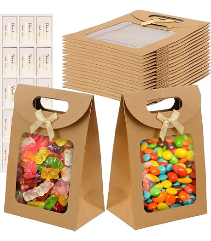 BENECREAT Confezione Da 14 buste Regalo con Finestra Trasparente, Sacchetti per La Spesa In Carta Kraft con Manico per Compleanno, Festa di Nozze, Anniversario,24x18x0.35cm