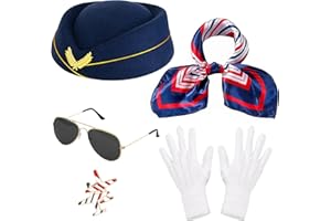 Horolam Lot de 5 accessoires de costume d'hôtesse de l'air pour femme avec chapeau, écharpe, gants, lunettes de soleil