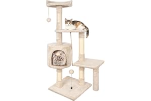 HOMIDEC Arbre à Chat,112cm Tour de Jeux Stable pour Chat,Arbre à Grimper Multi-Niveaux avec 4 Poteaux en Sisal, 3 Plateformes, 1 Nid Douillet Chaton-Beige