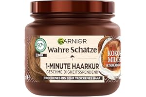 ‎GARNIER Wahre Schätze Nährende 1-Minute Haarkur für trockenes bis sehr trockenes Haar, Mit Kokosmilch und Macadamiaöl für neuen Glanz und Geschmeidigkeit, Vegane Formel, 1 x 340 ml