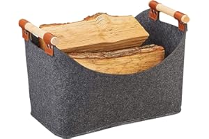 ONESHLEE Felt Firewood Basket Grey, Firewood Storage Bag, Felt Bags With Handles, Felt Log Baskets For Fireplaces, Log Carrier For Wood, Book Magazine Newspaper Toy Storage Basket For Living Room (Dark)