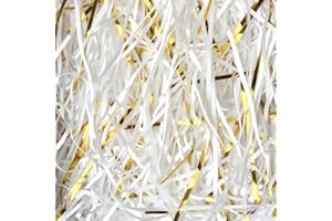 HXJDAM 300g Papier Déchiqueté Blanc et Or, Rafia Frisure Pour Emballage, Papier Dechire Pour Colis, Remplissage Boite Cadeau