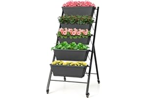 COSTWAY 5-Tier Raised Garden Bed, Vertical Planter Box with 5 Removable Trays, Drainage Holes and Wheels, Elevated Flower Herb Growing Box for Indoor Outdoor (Black, 57 x 68 x 117cm)