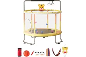 ehozirta Toddler Trampoline with Net, 5FT Indoor Trampoline for Kids, Adjustable Gym Bar, Basketball Hoop, Swing, Sandbag, Ocean Balls, Kids Gifts