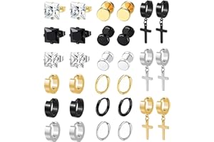 BVLAGIDA 15 Paires Boucle d'Oreille Homme, Acier Inoxydable Boucles d'Oreilles, Noir Argent Gold Clous d'Oreilles, Boucle d'Oreille Créole, Boucles d'Oreilles Faux Plug pour Homme Femme