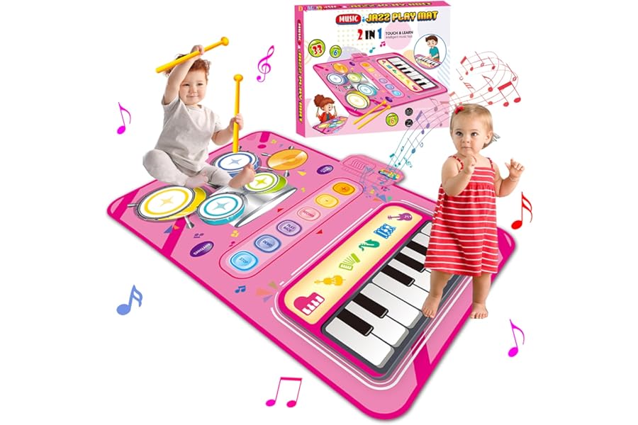 Toys for 1 2 3 4 5 Year Old Girls, 2 in 1 Music Mat Gifts for Girls Kids Toys Age 1-6, Montessori Educational Music Toys for 1-5 Year Old Toddlers, Birthday Presents Christmas Stocking Fillers for 1+