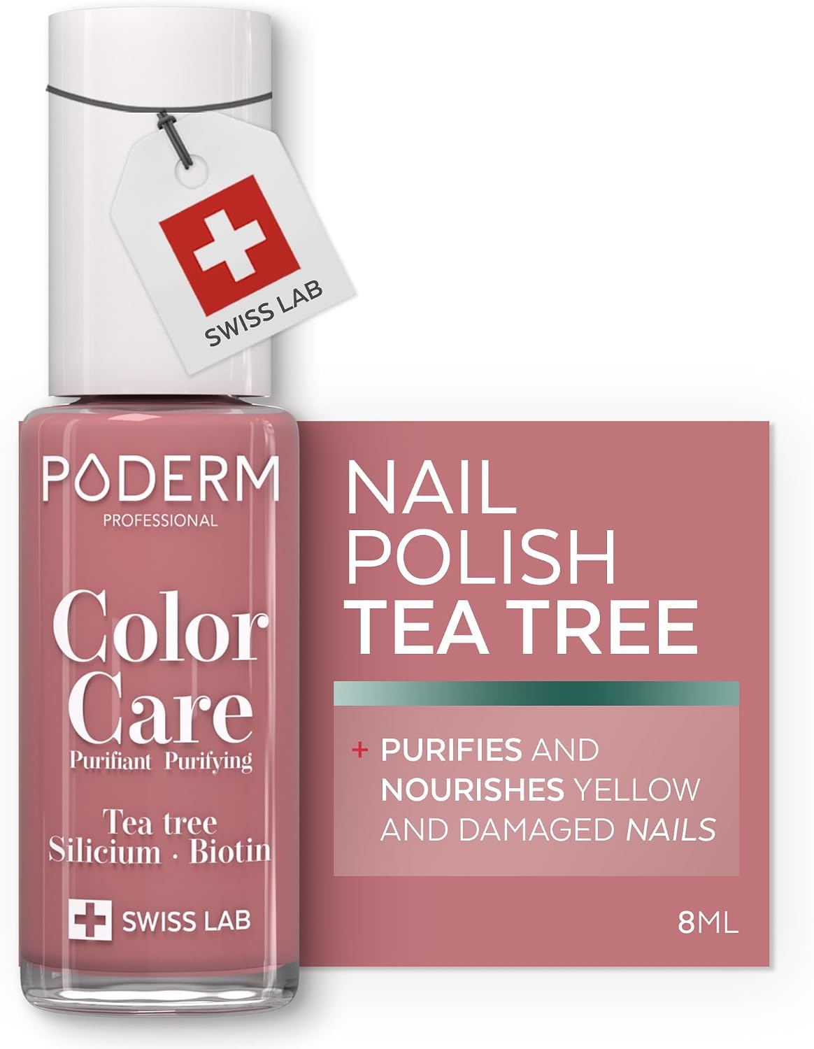 PODERM Nail Care Polish with Tea Tree - Rosewood | Swiss Lab - 8ML | Enriched with Tea Tree, Silicon & Biotin | Purifies, Clarifies & Nourishes Yellow Nails | Created by a Podiatrist