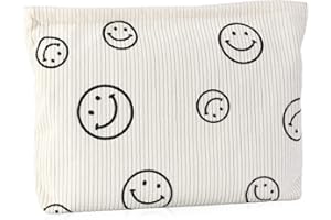 JOKBEN Small Smile Print Makeup Bag, Smile Printing Corduroy Toiletry Bag, Mini Smiley Face Cosmetic Bags for Women, Pocket Travel Make Up Pouch for Girls Organiser - Beige