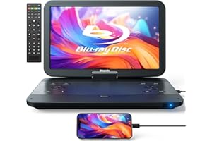 GOnavidio 15,4 Zoll Tragbarer Blu Ray DVD Player Mit HDMI Kabel, 270 ° drehbar HD 1920x1080, Blue Ray Player Tragbar Inklusive wiederaufladbarem 5 Stunden Akku USB/SD
