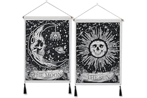 WHCCTL Tapisserie Lune et Soleil, 2 Pièces Noire Murale Tenture Tapisseries avec Glands, Décoration Murale Mystérieuse, Tarot Bannière Noire Tenture Murale Tapisserie Bohème, pour Chambre Salon 35*50cm