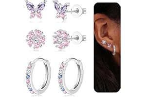 JeweBella 3 Paia Orecchini Donna Argento/Oro Anallergici Orecchini Oro Placcato 14K Orecchini Cerchio Set Orecchini Donna Argento 925 Ago Fiore Farfalline per Orecchini Donna Bambina Piercing Orecchio
