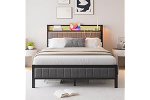 MOFLUT Double Bed Frame with Upholstered Headboard, Wooden Storage Headboard Shelf, 4ft6 Upholstered Bed Frame Double Bed with Charging Station/USB Ports and LED Lights (Gray)
