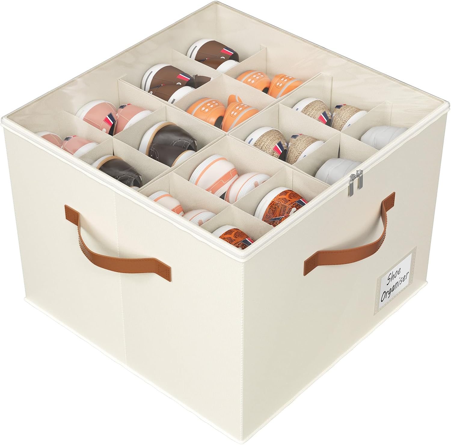 Storivo Shoe Organiser - Shoe Storage Organiser Box with Zipable Clear Cover, Adjustable Dividers Shoes Boxes Storage Fits16 Pairs - for Boots Heels Sneakers - white