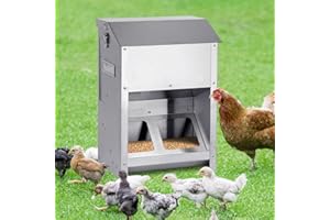 MUALROUS Chicken Feeder 9kg No Waste Stainless Steel Metal Automatic Poultry Feeder Large Chicken Coop Food Feeder with Visual Window and Rainproof Lid for Chicken Duck Turkey, Outdoor Use