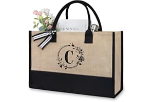 TOPDesign Initial Jute/Canvas Tote Bag, Personalized Present Bag, Suitable for Wedding, Birthday, Beach, Holiday, is a Great Gift for Women, Mom, Teachers, Friends, Bridesmaids