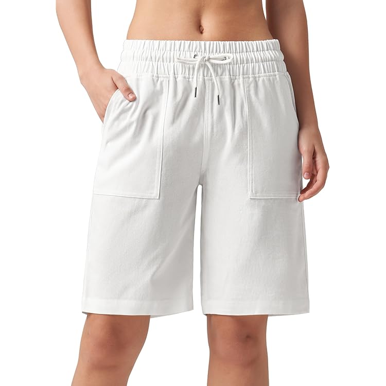 WILLIT Damesshorts, bermuda, katoen, korte broek, sportbroek, zomer, yogabroek, fitness, knielang, sweatshorts voor hardlopen, workout, 25,4 cm, met zakken, olijfgroen, XL