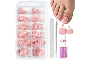 NLFOX French Fake Toe Nails Set - 120PCS Short Square False Toenails Kit With Glue - White French Tip Pink Stick On Toenails - Glossy Full Cover Acrylic False Toe Nails For Women Girls Nail Art DIY Gift