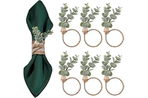 HJZHII 6 Pcs Rustic Farmhouse Napkin Rings, Green Boho Leaf Napkin Rings Eucalyptus Wooden Bead Napkin Rings Holder for Spring Fall Family Banquet Easter Thanksgiving Christmas Wedding Table Decor