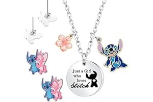 BITOWO Collier Stitch pour filles, enfants, femmes, boucles d'oreilles à tige pour filles, cadeaux de bijoux, ensemble de bijoux anime boucles d'oreilles à tige bleues, colliers mignons pour adolescentes,