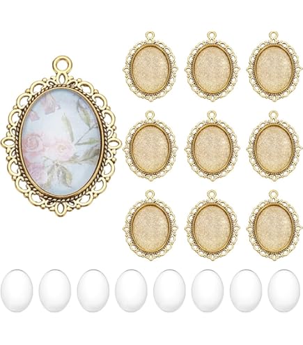 Lot 64 Pièces Pour Bijoux - 32 Cadres Pendentifs Ovales/Ronds + 32 Cabochons Verre Transparent | DIY Création Bijoux, Résine, Photo