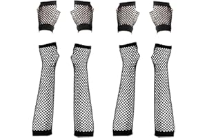 VIKSAUN 4 Pares Guantes de Rejilla Largos y Cortos Guantes de Rejilla Negros sin Dedos Guantes de Malla Red, Nailon Vintage para Fiesta Temática Retro Los 80 Accesorios para Disfraces Mujeres y Niñas