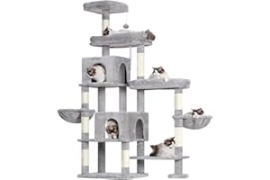 Hey-brother Arbre à Chat XXL pour Grands Chats, 180 cm de Haut, Stable, élargi à Droite, avec 3 Plateformes Confortables, 3 Grandes niches et 2 paniers pour Chat, Gris Clair EMPJ038W