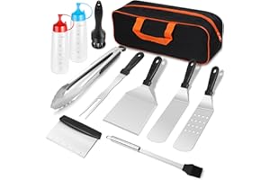 KWAIYOLE Griddle Accessories Kit, 11pcs BBQ Flat Top Grill Accessories Set Outdoor Camping Heavy Duty Stainless Steel Spatulas Barbecue Tools Set Cooking Utensils Set, Scraper, Tongs