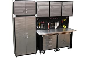 Seville Classics HD 9 Piece Standard Garage Storage System Stainless Steel Workbench, Steel Upright Cabinet and Overhead Hanging Wall Cabinets