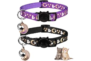 BAEUPPIT 2PCS Breakaway Cat Collars with Bell Moons Stars Cute Kitty Adjustable Safe Kitten Collars with Pendant Glow in The Dark(Black&Purple)