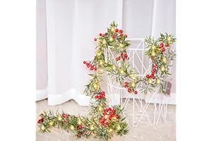 23GUANYI Guirnalda Navidad con Luz,Guirnalda Navidad Verde 1,8 Metros De Largo con Frutos Rojos y Hojas Verdes 40 Leds,para La Decoracion Navidad Hogar Adornos Arbol Navidad