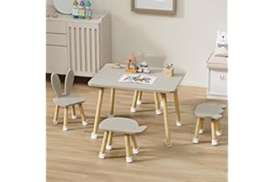 BanaSuper Toddler Table and Chair Set, Kids Activity Table with 4 Chairs, Wooden Children Play Table and Stools, Toddler Natural Furniture Set for Playing Drawing Reading (Grey)