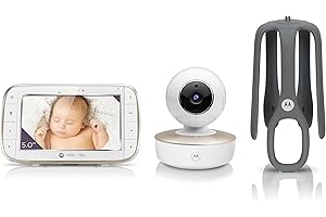 Motorola Nursery VM855 Connected WiFi elektroniczna niania – z aplikacją Motorola Nursery i 5-calową jednostką rodzicielską – widoczność w nocy, temperatura i dwukierunkowa rozmowa, kolor biały/złoty