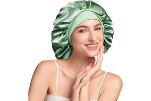 Umisleep Gorro de Seda para Dormir con Interior 100% Seda de Morera 6A de 22 Momme, Doble Capa – Gorro Grande para Pelo Rizado o Largo con Banda Ancha Ajustable, Antideslizante y ultrasuave, Verde