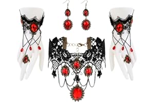 DIIWMME Lot de 3 colliers ras du cou gothiques en dentelle noire - Collier gothique de vampire, bracelet et boucles d'oreilles pour femme - Ensemble de bijoux de costume de vampire d'Halloween pour filles