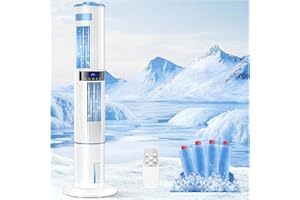 BIDIOWE Mobile Air Conditioners, 46.06'' Tower Fan 65W Evaporative Air Cooler 60°/360° Automatic Oscillation, 10m/s Wind Speed 3 Mode 24H Timer Low Noise Remote Control w 4 Ice Box for Home/Bedroom/Office