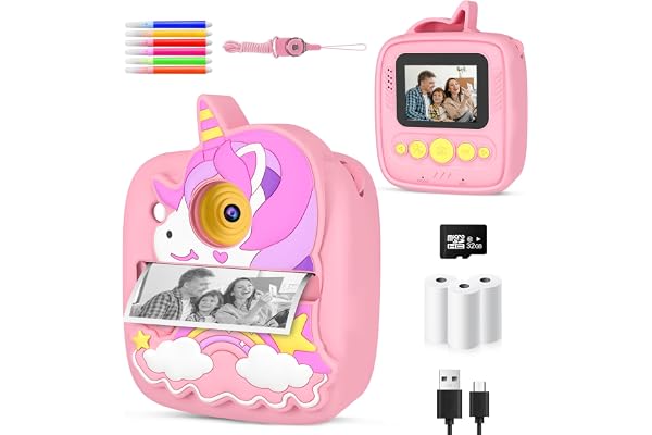 Appareil Photo Instantané Enfants, 1080P HD 48MP Appareil Photo Enfants avec 32GB Carte & Étui Protection en Silicone Unicorn, Cadeaux de Noël Cadeaux d'anniversairepour Garçon Filles 3-12 Ans