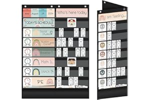 BOHEMIABY BOHEMIANY Large Daily Schedule Pocket Chart 34” X 24”, 16+2 Pockets Classroom Pocket Chart with 72 Cards, Foldable Sign-in Chart, Feeling Chart for Classroom Essentials for Teachers(Black)