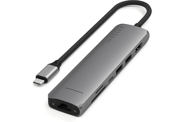 SATECHI 7 en 1 Hub USB C Slim Plus Adaptateur Multiport avec Ethernet, Charge PD 100W, HDMI 4K@60Hz, 2X Ports USB-A 10Gbps et SD/microSD pour MacBook Air & Pro, PC Portable et Plus – Gris