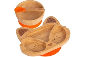 Tiny Dining Baby Dinner Set - Fox - Orange - 3pc - Divided Non-Slip Bamboo Self-Feeding Weaning Plate, Bowl & Spoon for Babies, Toddlers, Children
