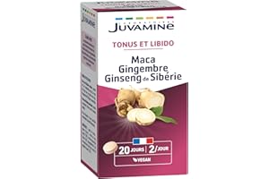 JUVAMINE Maca Gingembre et Ginseng de Sibérie, Tonifiant Sexuel, Tonus et Vigueur, Tonifiant, Stimulant, Programme de 20 jours, 40 Comprimés, Fabriqué en France
