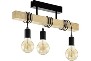 EGLO Deckenlampe Townshend, 3 flammige Vintage Deckenleuchte im Industrial Design, Retro Pendelleuchte aus Stahl und Holz, Farbe: Schwarz, braun, Fassung: E27