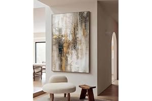 Stor beige-grå-gyllene målning, WabiSabi-väggkonst, minimalistisk målning på duk, gyllene abstrakt väggkonst, modern väggdeko