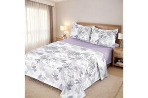 H HANSEL HOME Sábanas Cama 150x190/200cm - 4 Piezas Microfibra Extra Suave, Sábanas Bajera Ajustable, Encimera, 2 Fundas de Almohada Estampado Flores Moradas