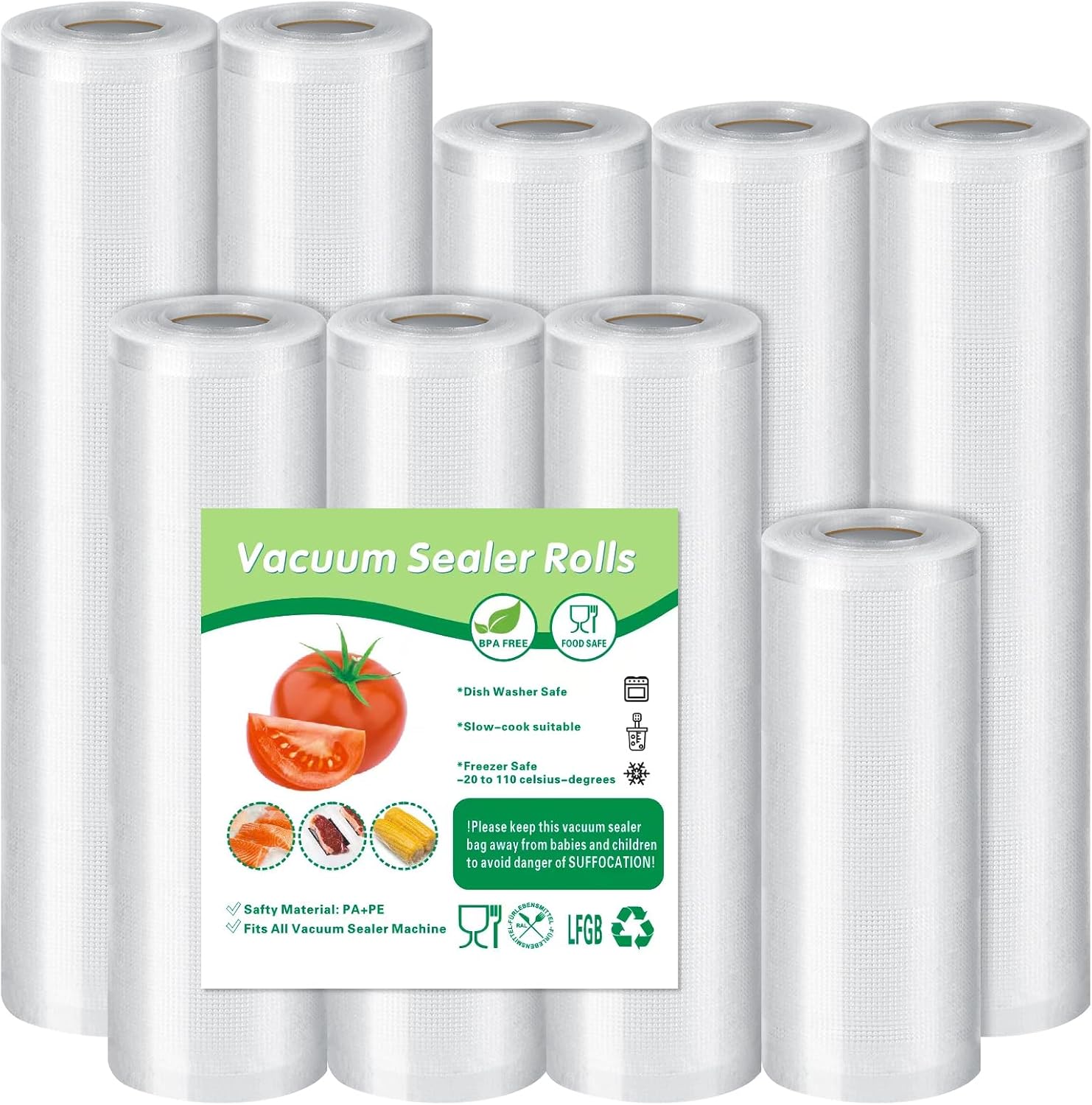 Bolsas vacio alimentos 9 rollos de 15/20/25/28x300cm, sin BPA, resistente al desgarro, 190µm, Rollos envasadora al vacio y bolsas envasar al vacio aptos para microondas y congelador