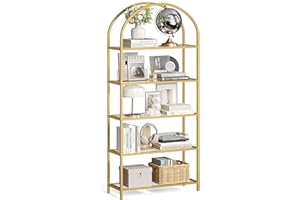 ‎VASAGLE VASAGLE Regal, Bücherregal 5 Ebenen, Standregal aus Hartglas, Aufbewahrungsregal, bogenförmig, Metallstruktur, für Wohnzimmer Schlafzimmer Arbeitszimmer Bad, goldfarben-transparent LGT050A01