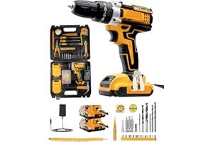 KALAHOL Cordless Drill Set 21V, 99PCS Electric Screwdriver Set with 2 Batteries 2000mAh, 25+3 Torque Cordless Hammer Drill, 42N.m Max, 2 Speed, LED Work Light for Home and Garden DIY Project, Yellow