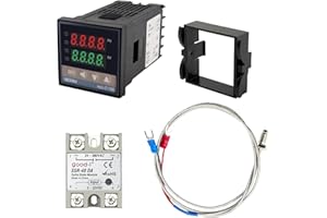 FLYLIN REX-C100 PID Temperature Controller Kits, AC85-265V Digital Intelligent Thermostat 0-999°C with 40A Solid State Relay and K Thermocouple 0-400°C, for Industrial Equipment/Greenhouses/Water Tanks (1)