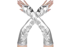 YOLEV Fingerlose Handschuhe Lang Damen Leder Silber Schwarz Metallhandschuhe Ellenbogenlange Lange Handschuhe Silber Damen Party Halloween Cosplay 980er Jahre Alien Halloween Kostüm Zubehör Braut Hochzeit