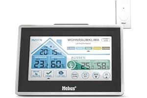 MEBUS funkgesteuerte Wetterstation mit Außensensor, Touch Display, Thermometer/Hygrometer, Wohlfühlindikator bewertet Raumklima per Temperatur/Luftfeuchtigkeit, Wecker, Silber-Schwarz, Modell: 01026